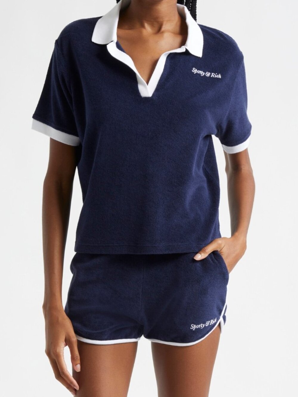 Sporty & Rich Italic Logo Cotton Terry Polo Navy Size S